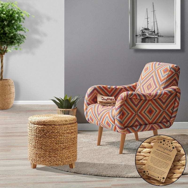 Casafield 17" Round Storage Ottoman with Lid - Natural, Handwoven Water Hyacinth Footstool for Living Room, Bedroom, Bathroom, Home Office - Image 2